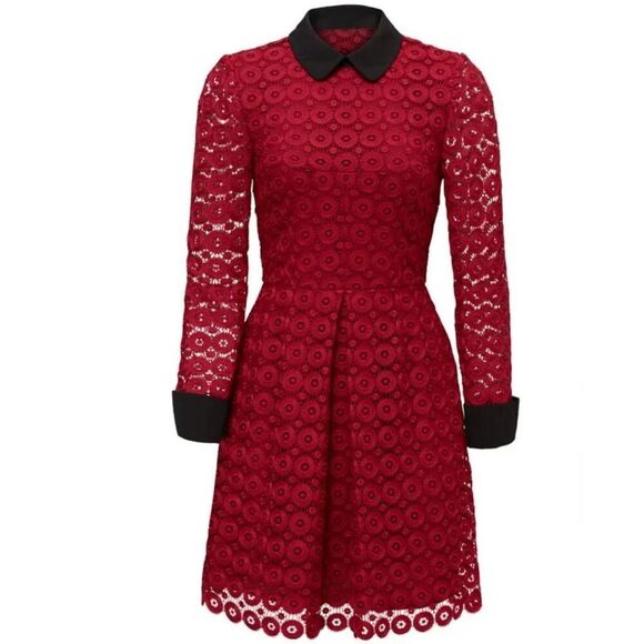 JILL JILL STUART Venice  Red Lace Cocktail Dress Size 12 Large Black Collar Holi - Picture 1 of 13